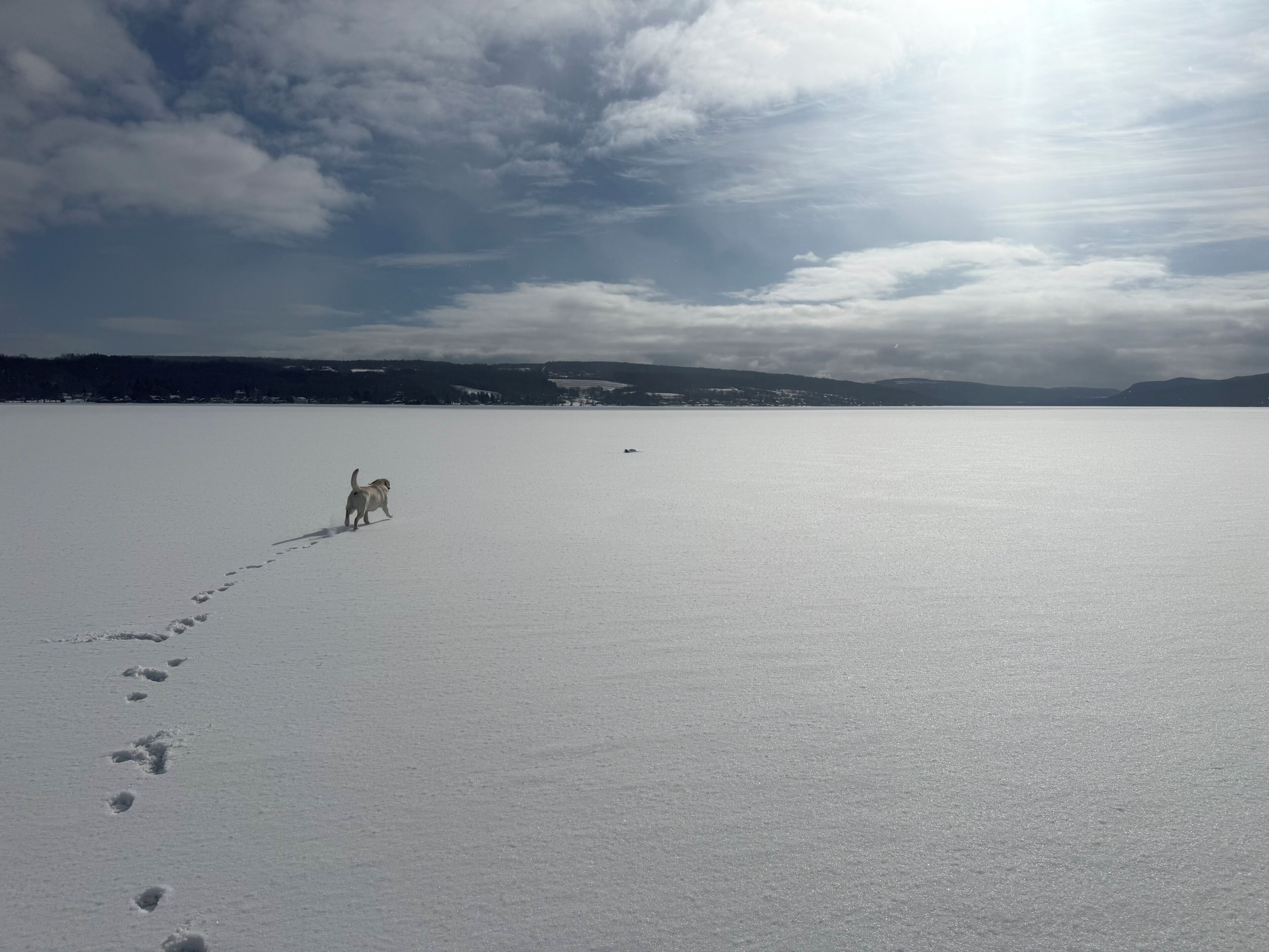 A snowy landscape with footprints leading towards a body of water, under a partly cloudy sky.