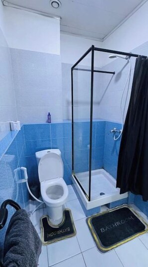 Secadora de cabello, toallas, jabón, papel de baño 