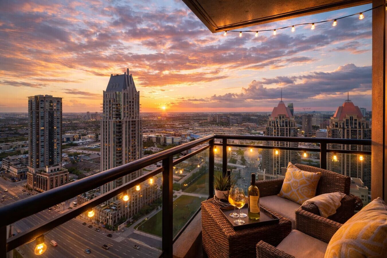 A balcony with a city view at sunset, featuring a wicker sofa, a small table with a bottle and glasses, and string lights.