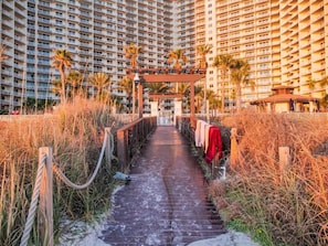 A pathway leading to a building with multiple balconies, surrounded by tall grass and palm trees. - Shores Of Panama (Panama City Beach)