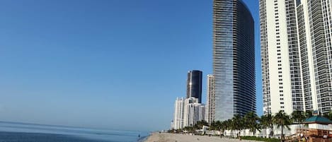 A beachfront with high-rise buildings, sandy beach, and palm trees.