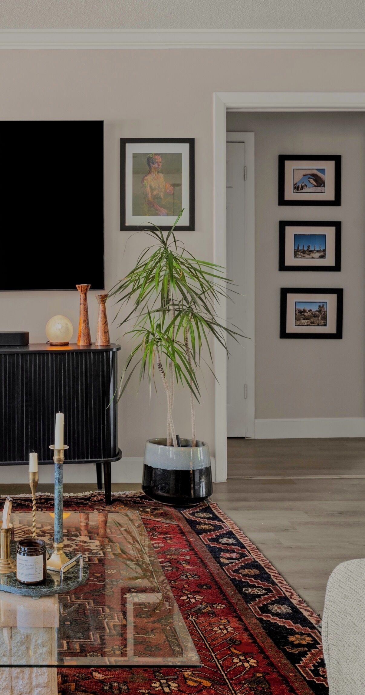 Un salon doté d’un grand téléviseur à écran plat, d’une console noire, d’une plante en pot, d’une table basse en verre ornée de bougies et d’un tapis à motifs.