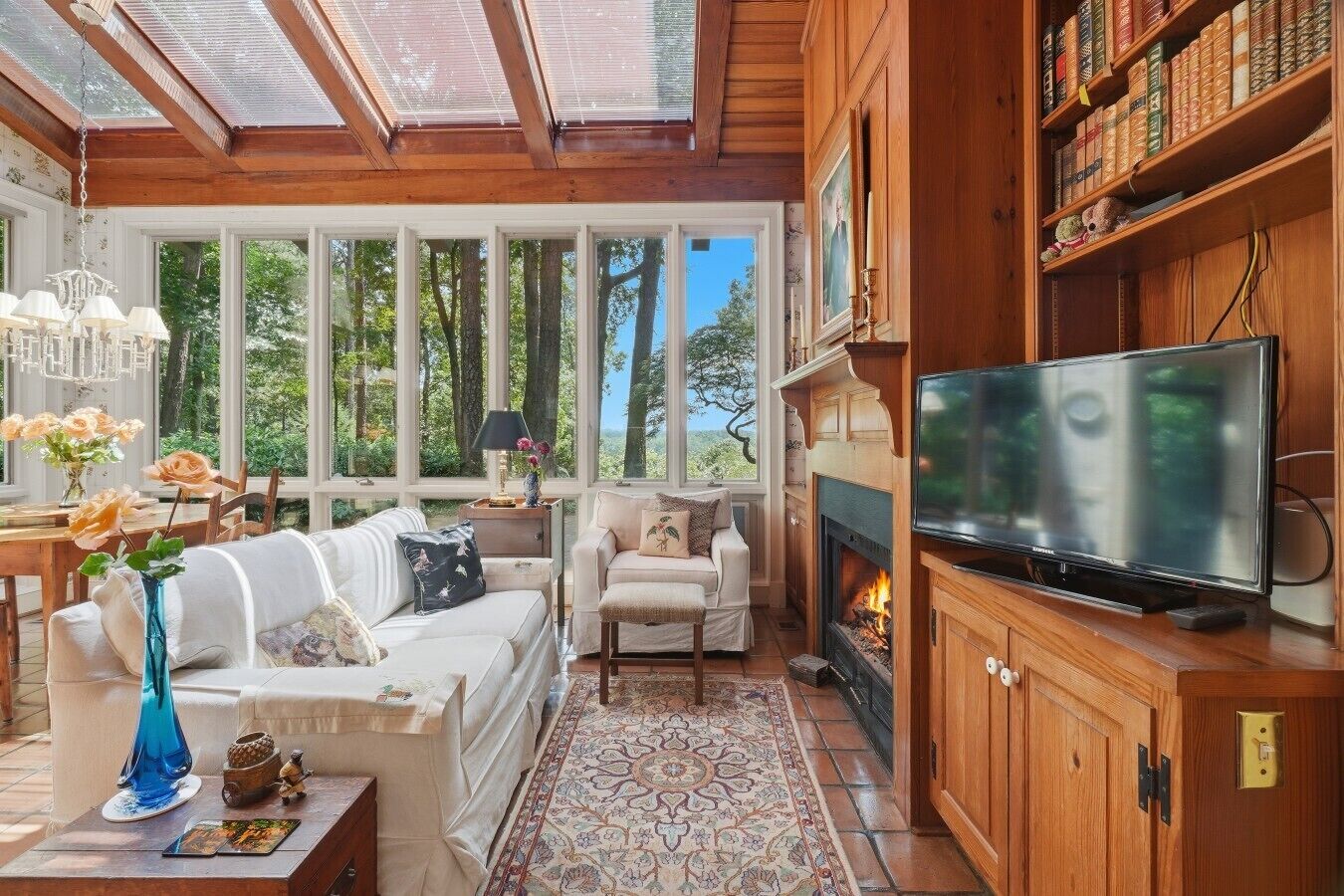 A cozy living room with a fireplace, a television, and a bookshelf filled with books.