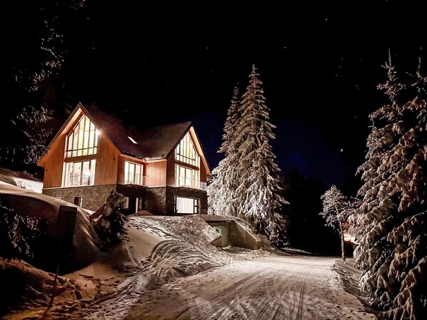 A snow-covered landscape with a wooden house featuring large windows and a snow-covered tree. - Rebelka 1 by Interhome (Horni Misecky)