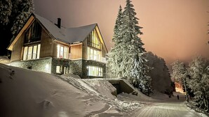 A two-story lodge with a stone facade and large windows, surrounded by snow-covered trees. - Rebelka by Interhome (Horni Misecky)