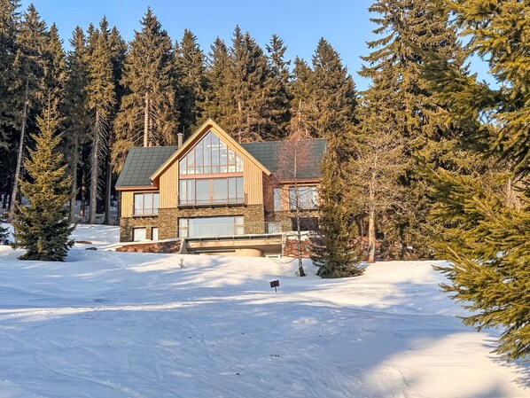 A log cabin with a large front porch, surrounded by snow and evergreen trees. - Rebelka 1 by Interhome (Horni Misecky)