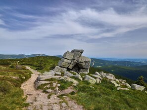 Ein felsiger Vorsprung mit einem Feldweg, umgeben von grünen Hügeln und blauem Himmel.