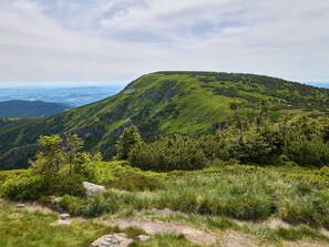 Eine gebirgige Landschaft mit freiem Blick ins Tal.