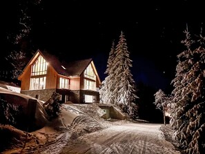 Un paysage enneigé avec une maison en bois dotée de grandes fenêtres et un arbre recouvert de neige.