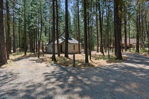 A cabin surrounded by tall pine trees in a forested area. - Trail One | Black Butte Ranch | Sleeps 8 | Family (Sisters)