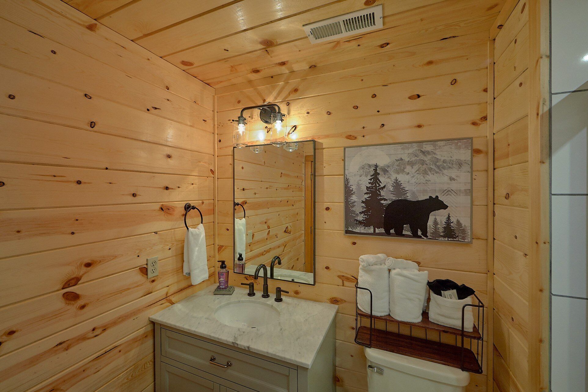 A wooden cabin bathroom with a sink, mirror, and a bear-themed wall decoration.