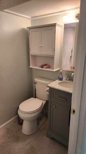 Een badkamer met toilet, wastafel, spiegel en kast.