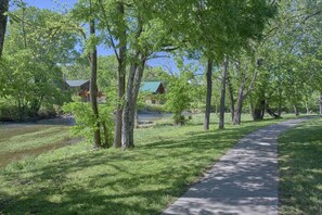 A pathway lined with trees leading to a cabin with a green roof. - Bear Paw Chalet Cabin Rental (Pigeon Forge)