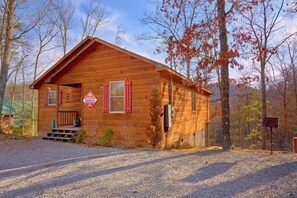 A wooden cabin with a porch, a mailbox, and a gravel driveway. - I Don't Want 2 Leave Cabin Rental (Wears Valley)