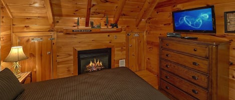 A cozy room with a fireplace, a television, and a private owner's closet.