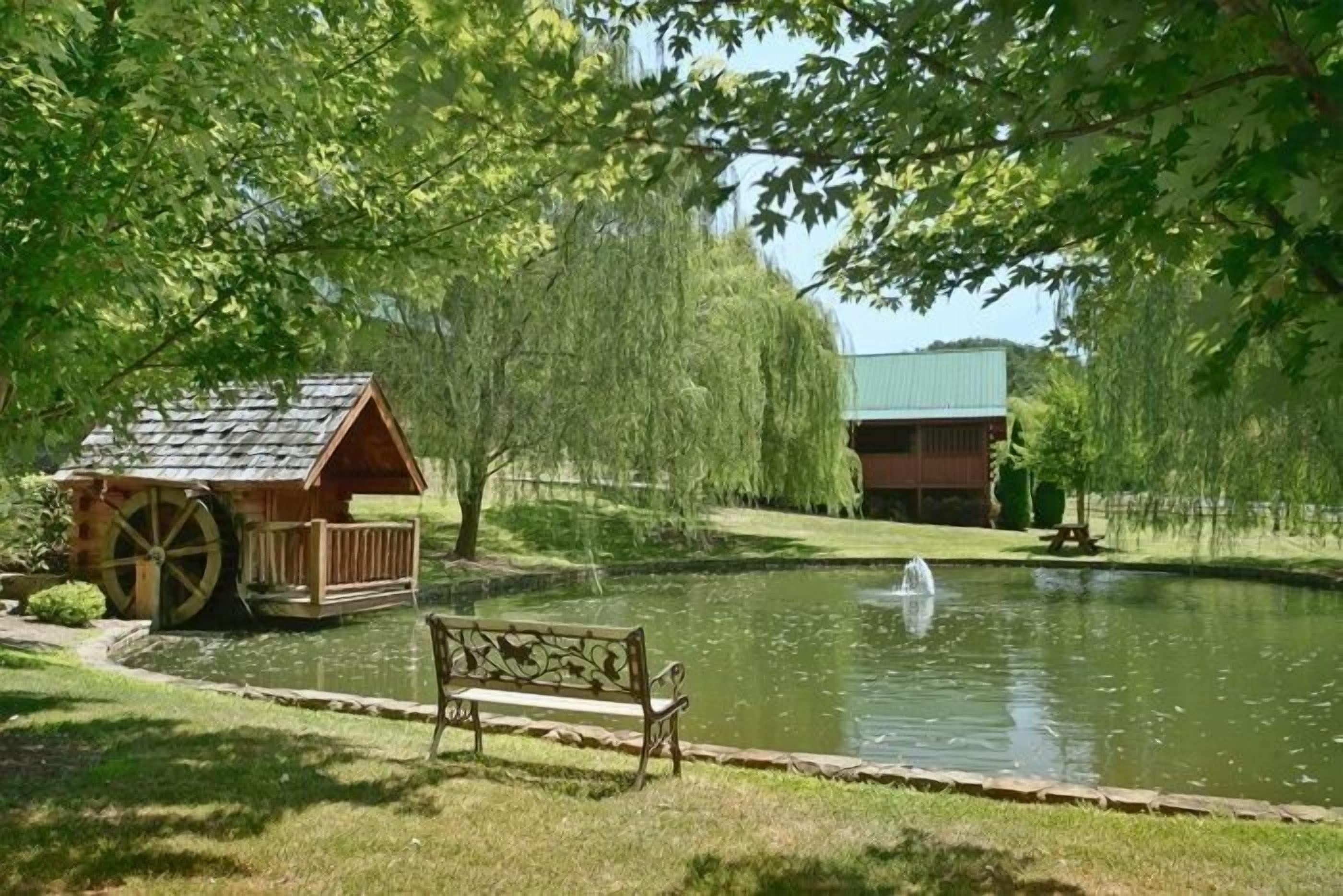 Un étang agrémenté d’une structure en bois et d’un banc, le tout entouré d’arbres.