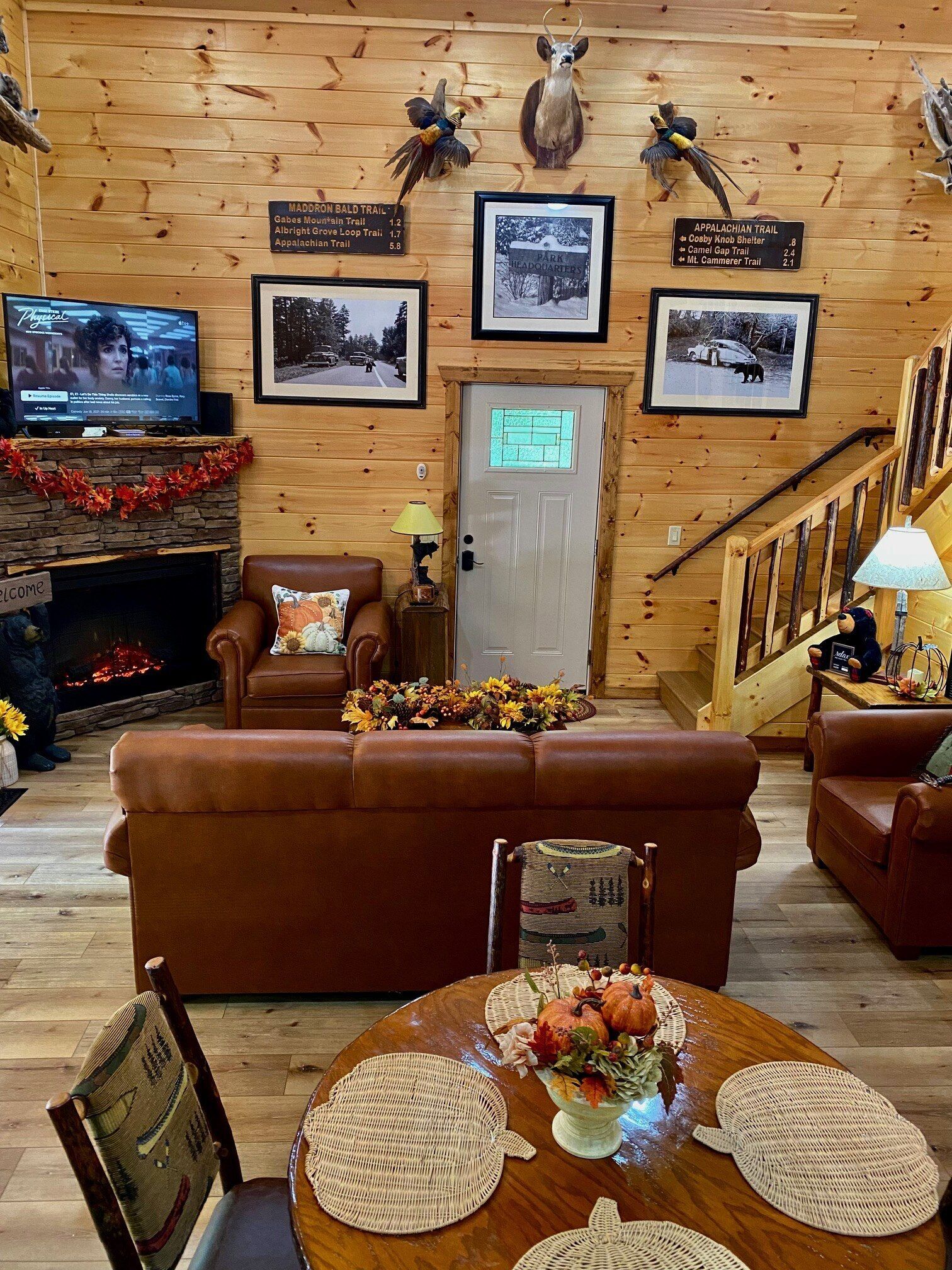 A cozy cabin interior with a fireplace, a television, and a wooden wall adorned with wildlife taxidermy and trail signs.