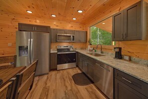 A modern kitchen with wooden walls, stainless steel appliances, and a window overlooking greenery. - Misty Shadows Splash | Private Pool, Hot Tub, Game Room, Fireplace + Free Attraction Tickets (Wears Valley)