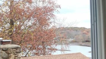 A view through a window of a stone pillar, a brick roof, and a river with trees in the background.