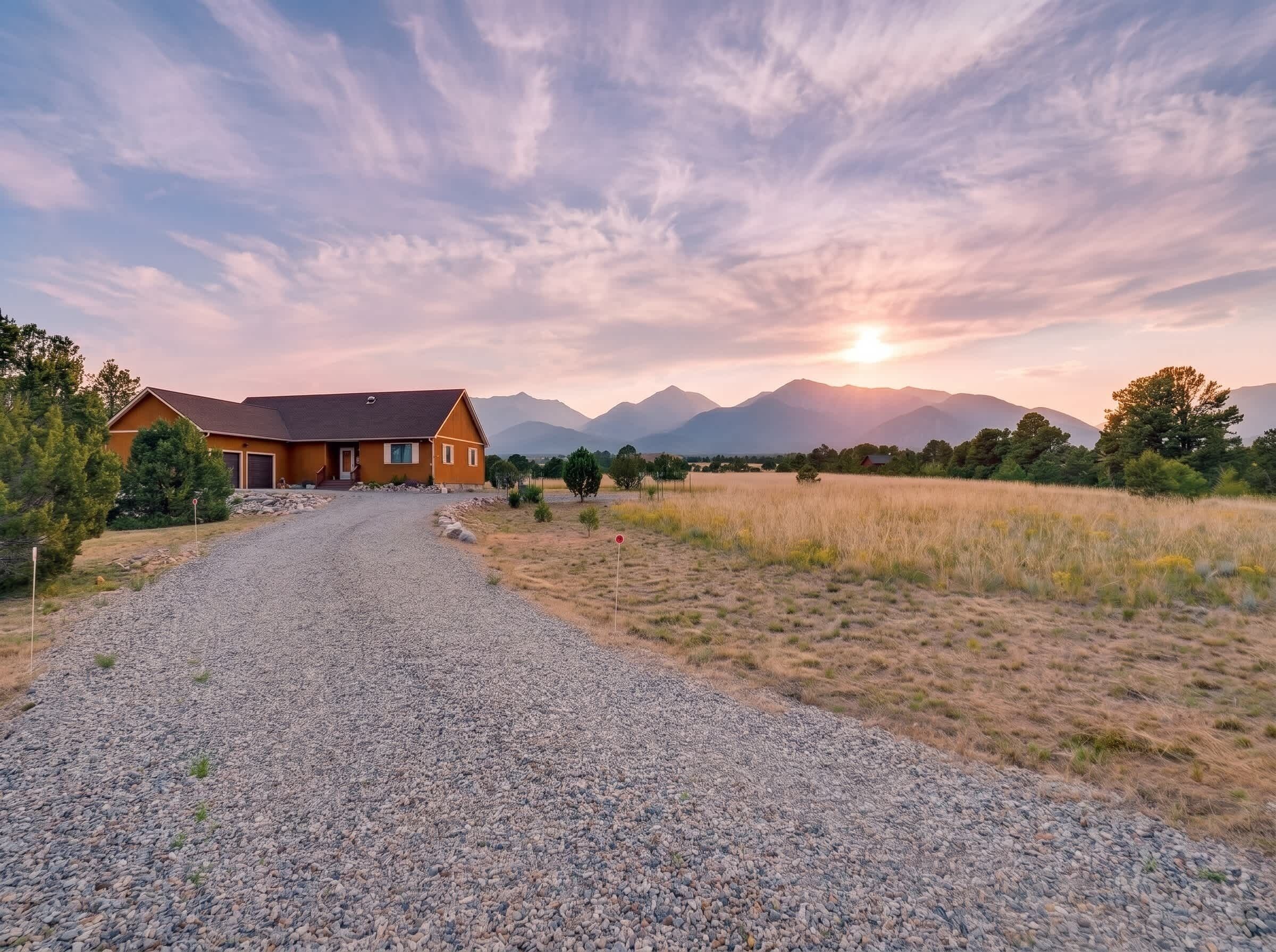 Une maison avec une allée de gravier menant à une porte en bois, entourée d’un champ herbeux et d’arbres, avec des montagnes en arrière-plan.