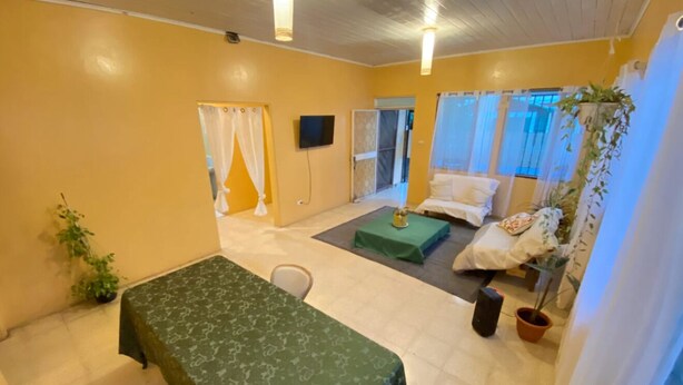 Una habitación con cama, una mesita, un sofá y televisión. Hay plantas y cortinas.