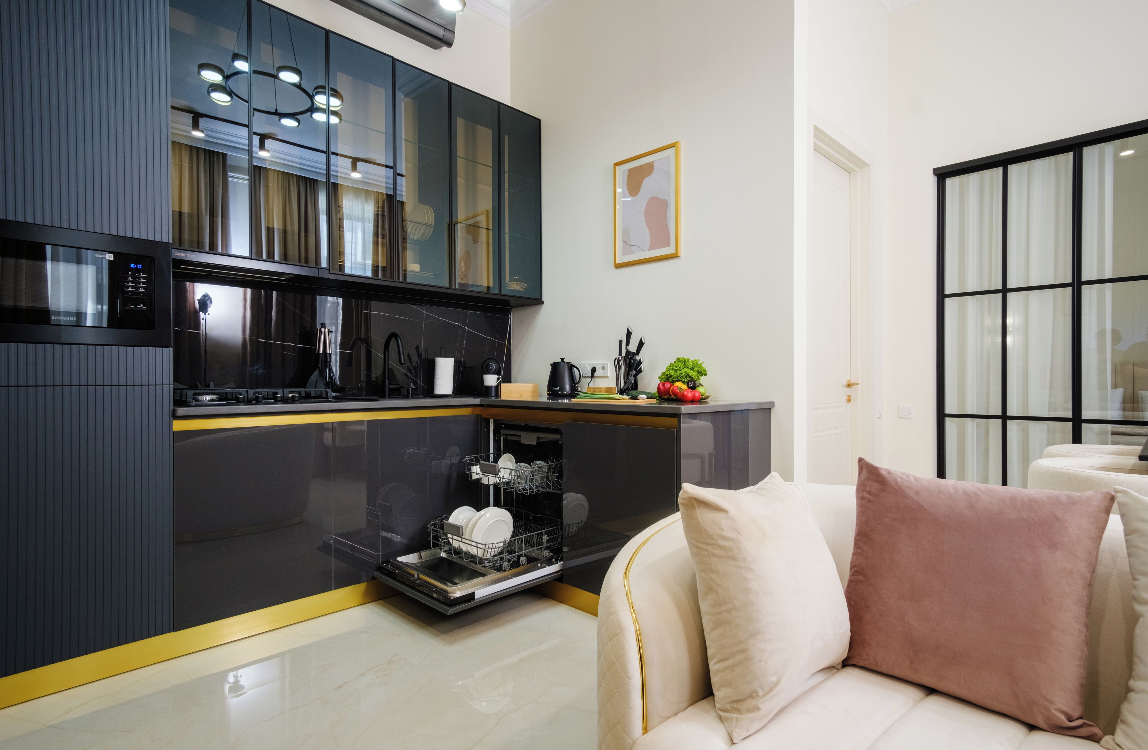 A modern kitchen with a dishwasher, a built-in stove, and a microwave.