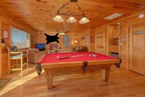 Een houten interieur met een pooltafel, een televisie en een berenhoofd decoratie.