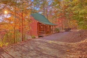 A log cabin with a green roof, surrounded by autumn foliage. - Aleska 1 Bedroom Cabin Rental (Wears Valley)