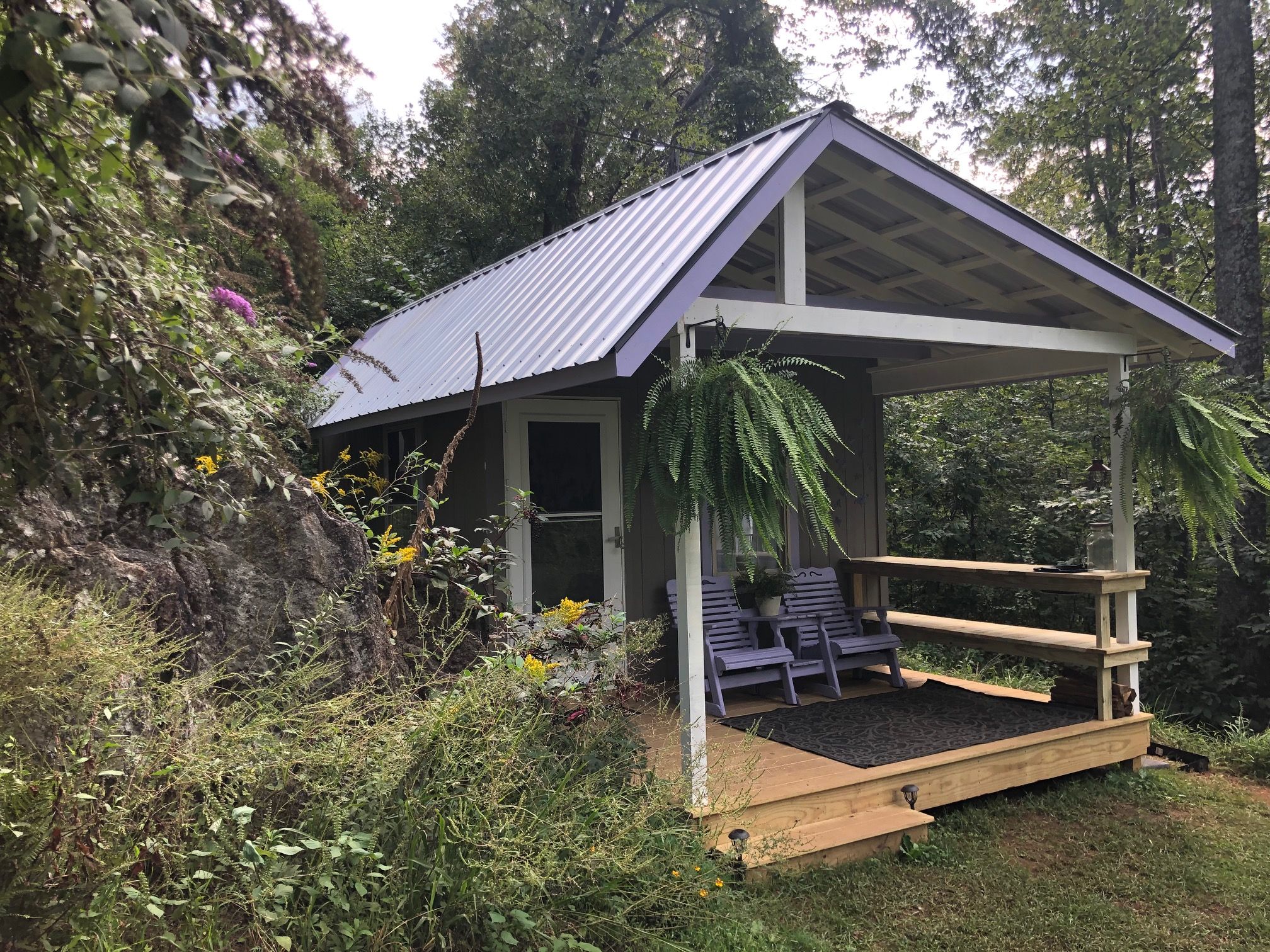Een klein houten gebouw met een metalen dak, een veranda met twee stoelen en een potplant met een varen.