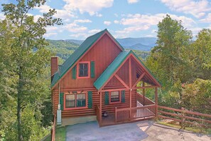 A log cabin with a green roof and a porch, surrounded by trees and mountains.