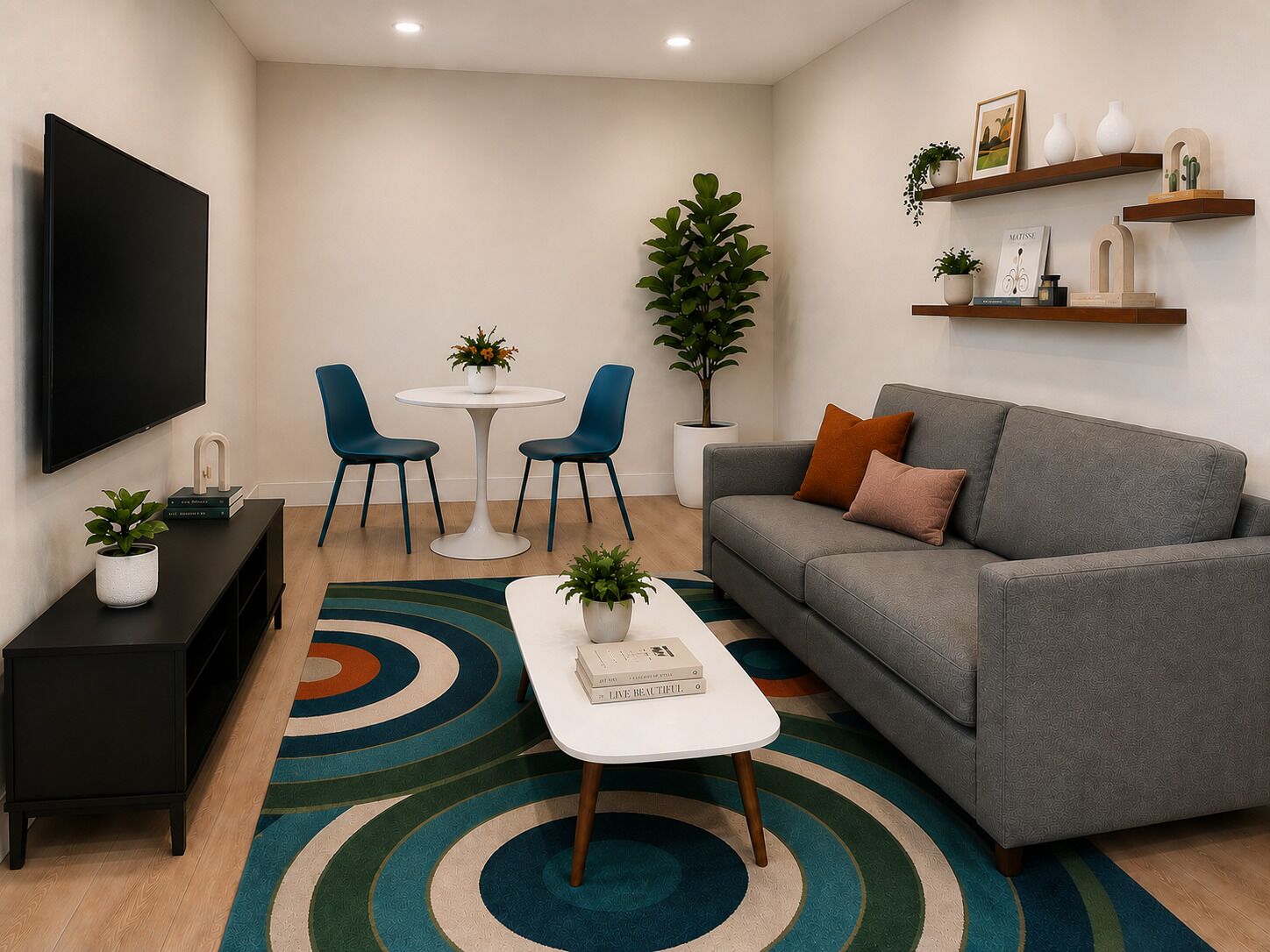 Ein modernes Wohnzimmer mit einem grauen Sofa, einem weißen Couchtisch und einem an der Wand befestigten Fernseher. Zwei blaue Sessel stehen um einen kleinen weißen Tisch, und in der Ecke befindet sich eine große Topfpflanze.