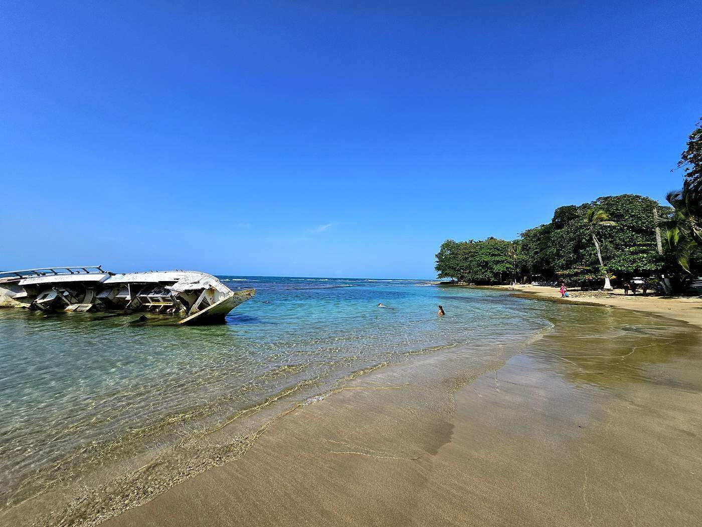 A beach with clear water, a boat, and a forested area.