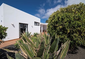 A modern white building with a door and windows, surrounded by tropical plants and a large tree. - Relaxing & Private 3 Bedroom & 3 Bathroom Villa (Playa Blanca)