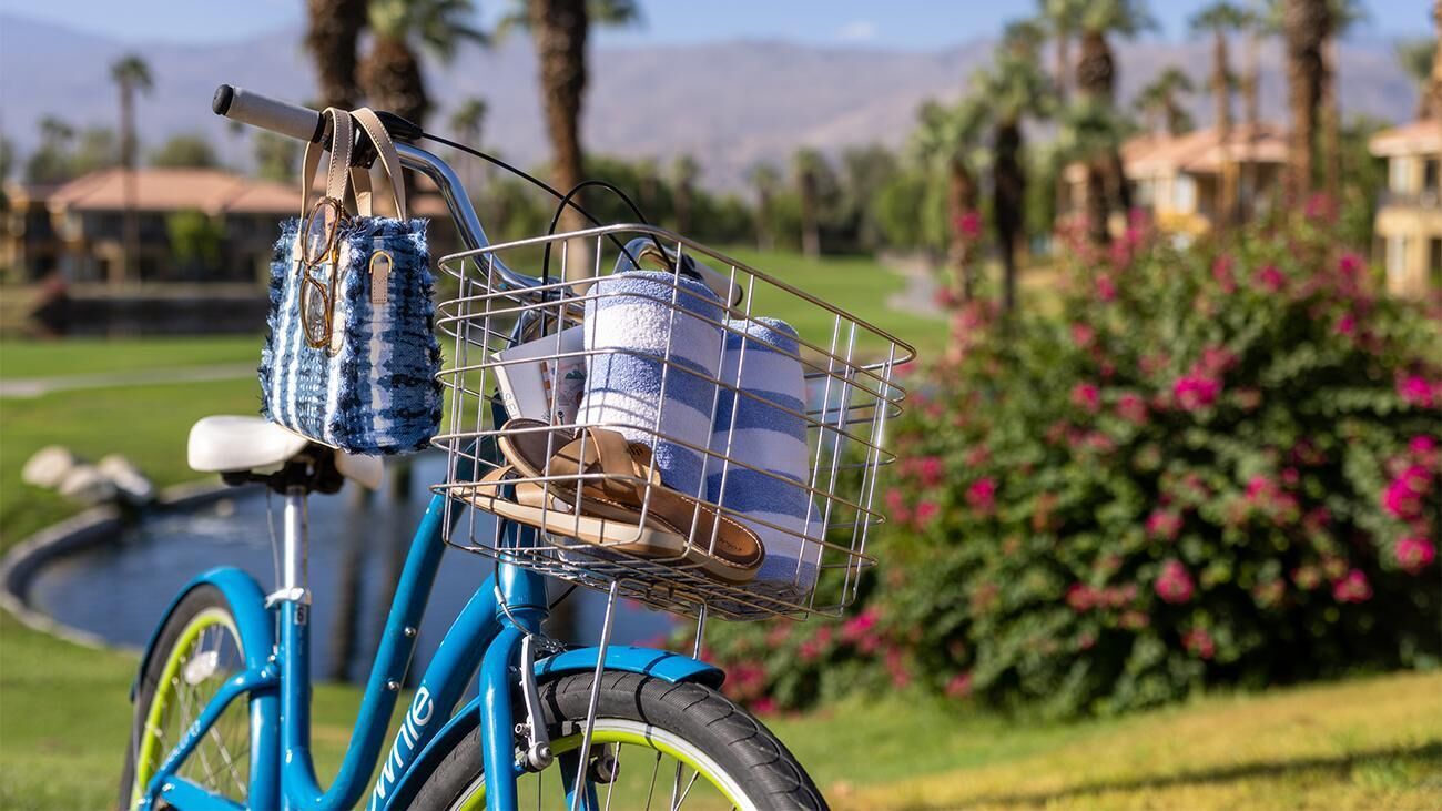 A blue bicycle with a basket containing a handbag, a water bottle, and a pair of shoes.
