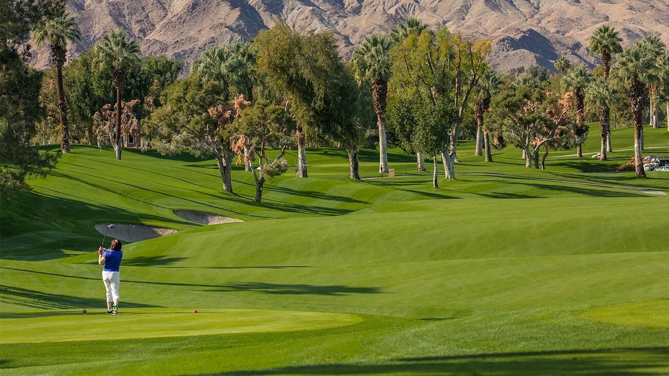 A golf course with a well-maintained green, sand bunkers, and trees.