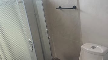 A bathroom with a glass shower enclosure, a white toilet, and a towel rack.
