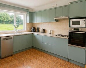 A kitchen with teal cabinets, a microwave, an oven, and a dishwasher.