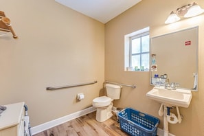 A bathroom with a toilet, sink, and handrails.