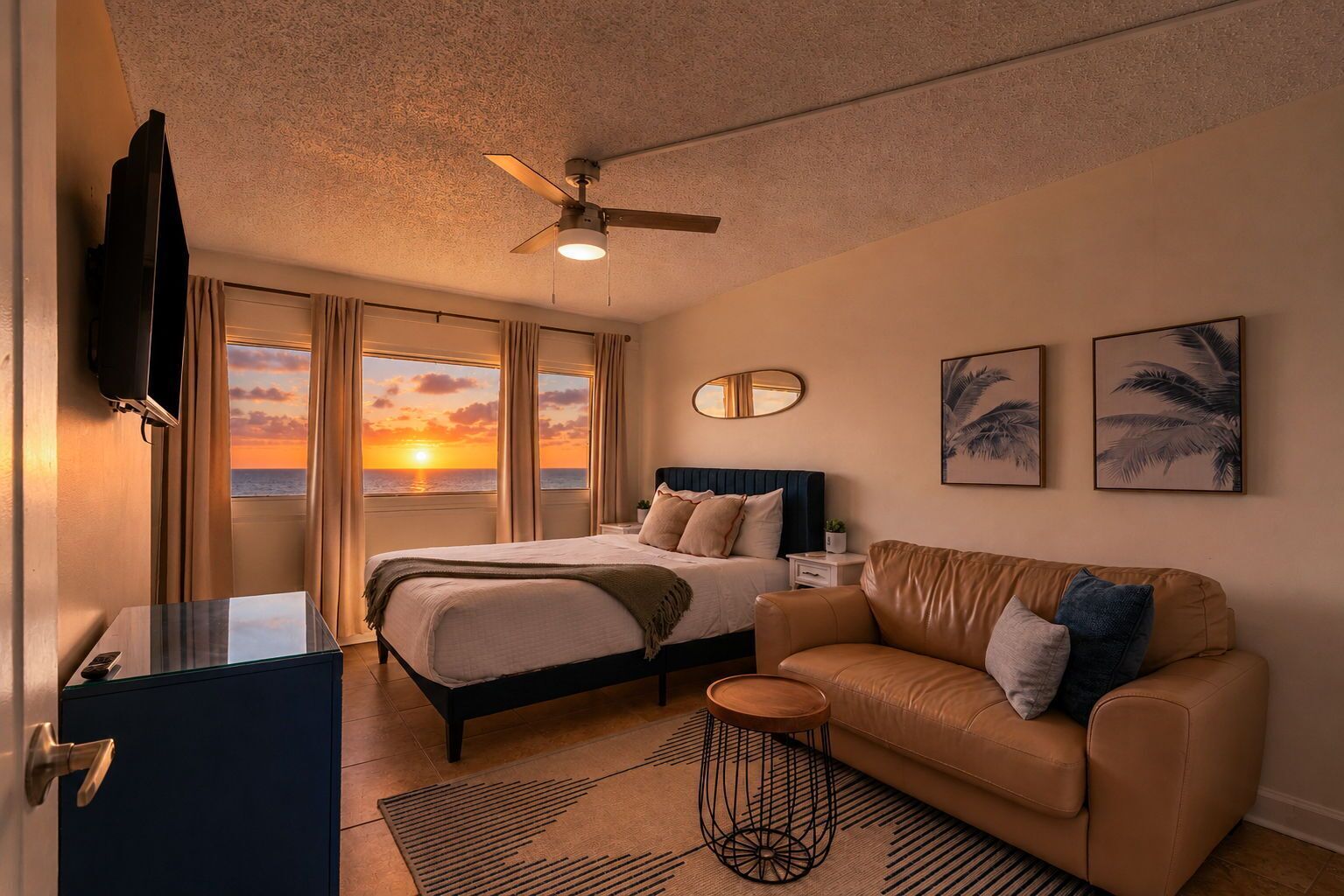 A hotel room with a bed, a sofa, a ceiling fan, a TV, and a view of the sunset.