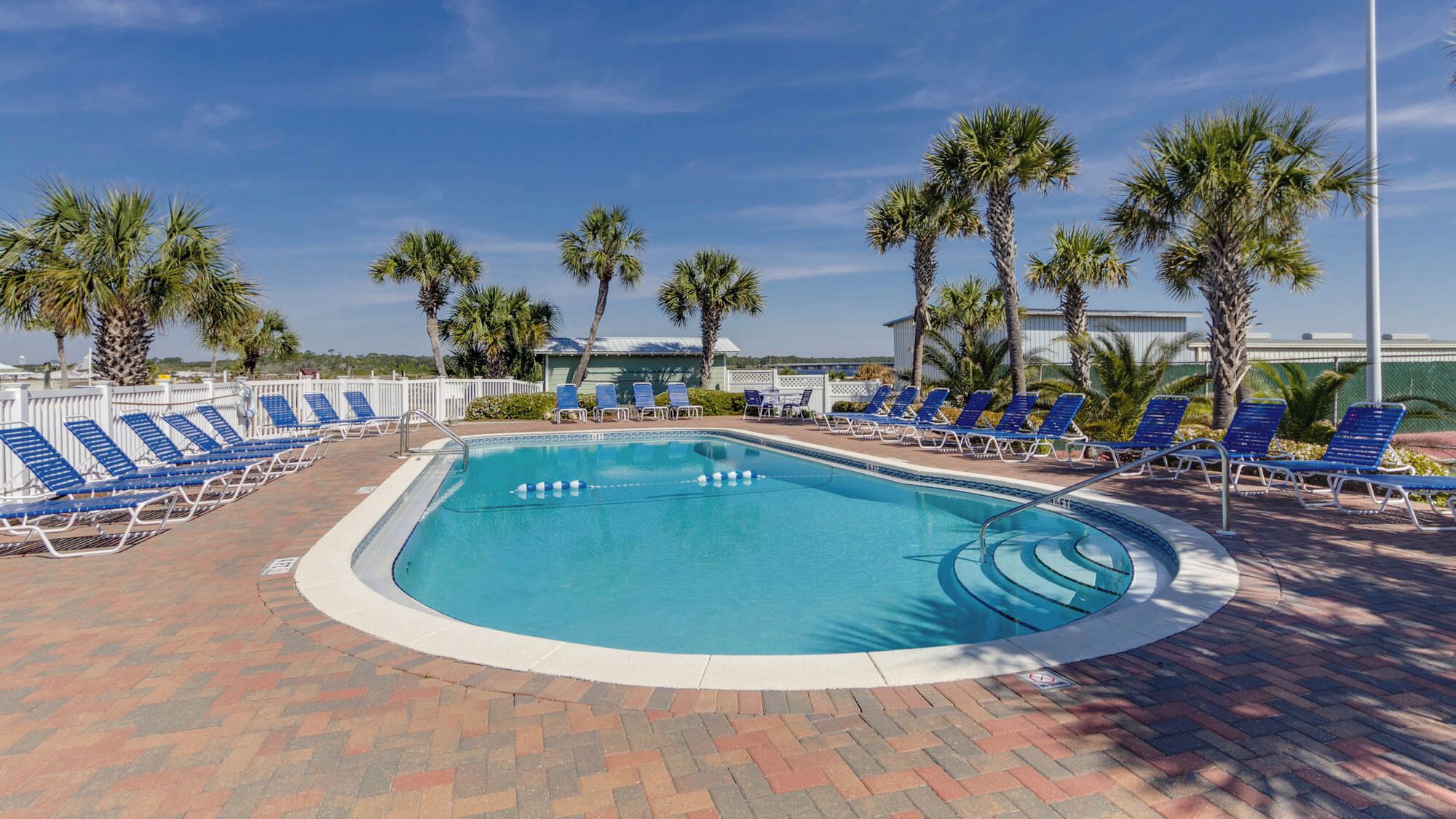 Un área de piscina con sillas reclinables azules y palmeras.