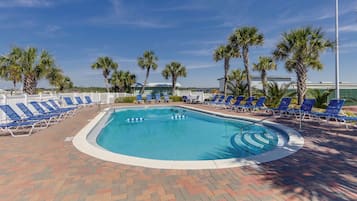 Un área de piscina con sillas reclinables azules y palmeras.