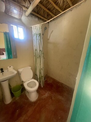 A bathroom with a toilet, sink, and a bamboo shower curtain.