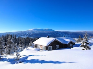 A wooden cabin with a snow-covered roof, surrounded by snow-covered trees and a mountain in the background.