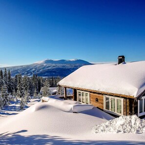 A wooden cabin with a snow-covered roof, surrounded by snow-laden trees and a mountain range in the background.