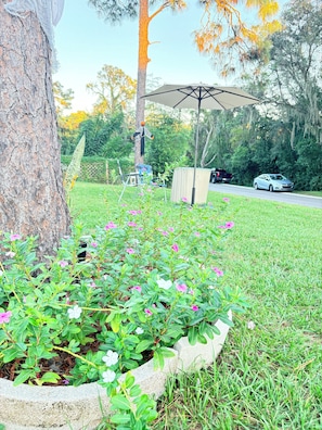 Un espace jardin comprenant un arbre, un bac à fleurs en béton, une pelouse et une voiture garée.