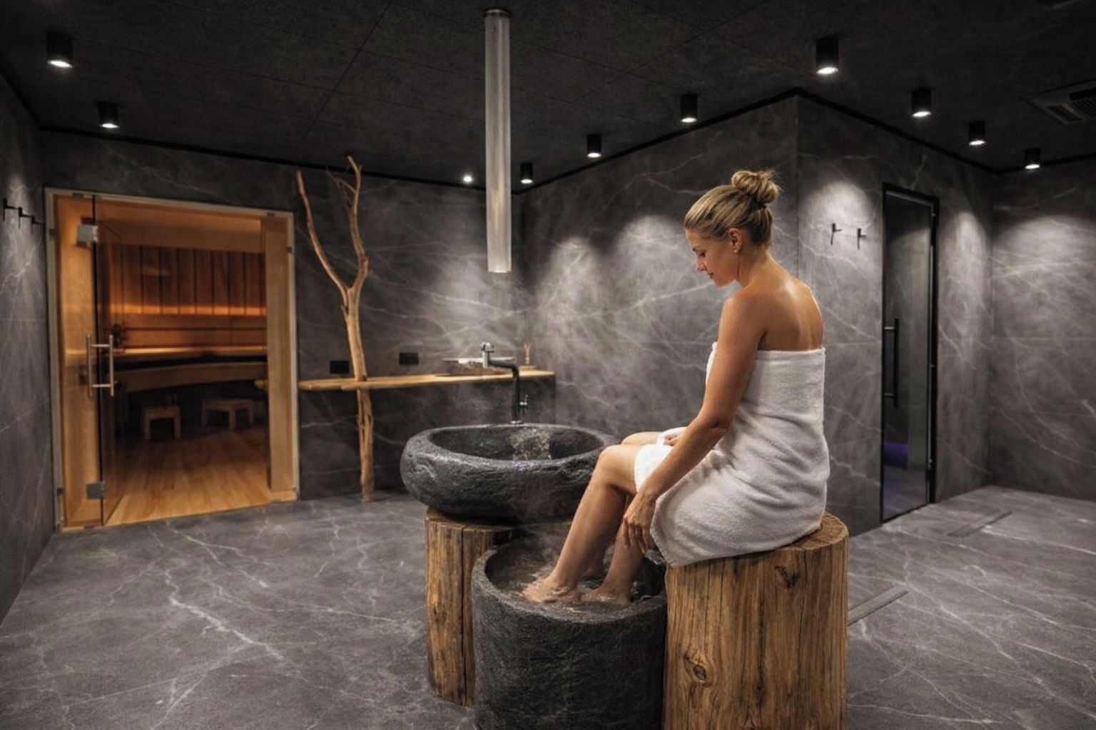 Une salle de spa dotée d’un lavabo en pierre, de tabourets en bois et d’un meuble en bois.