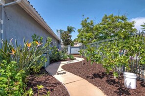 Un jardín residencial con un sendero curvo, diversas plantas y un cubo blanco.