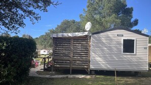 A mobile home with a satellite dish, a small porch, and a paved driveway. - Mobil-home 3 chambres 1 sdb (Mimizan)