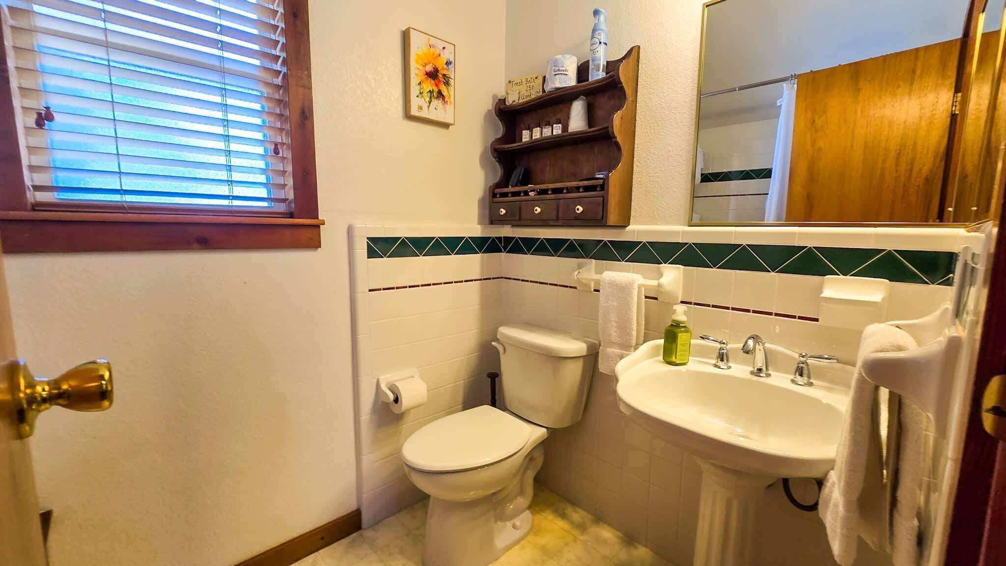 A bathroom with a toilet, sink, and a window with blinds.