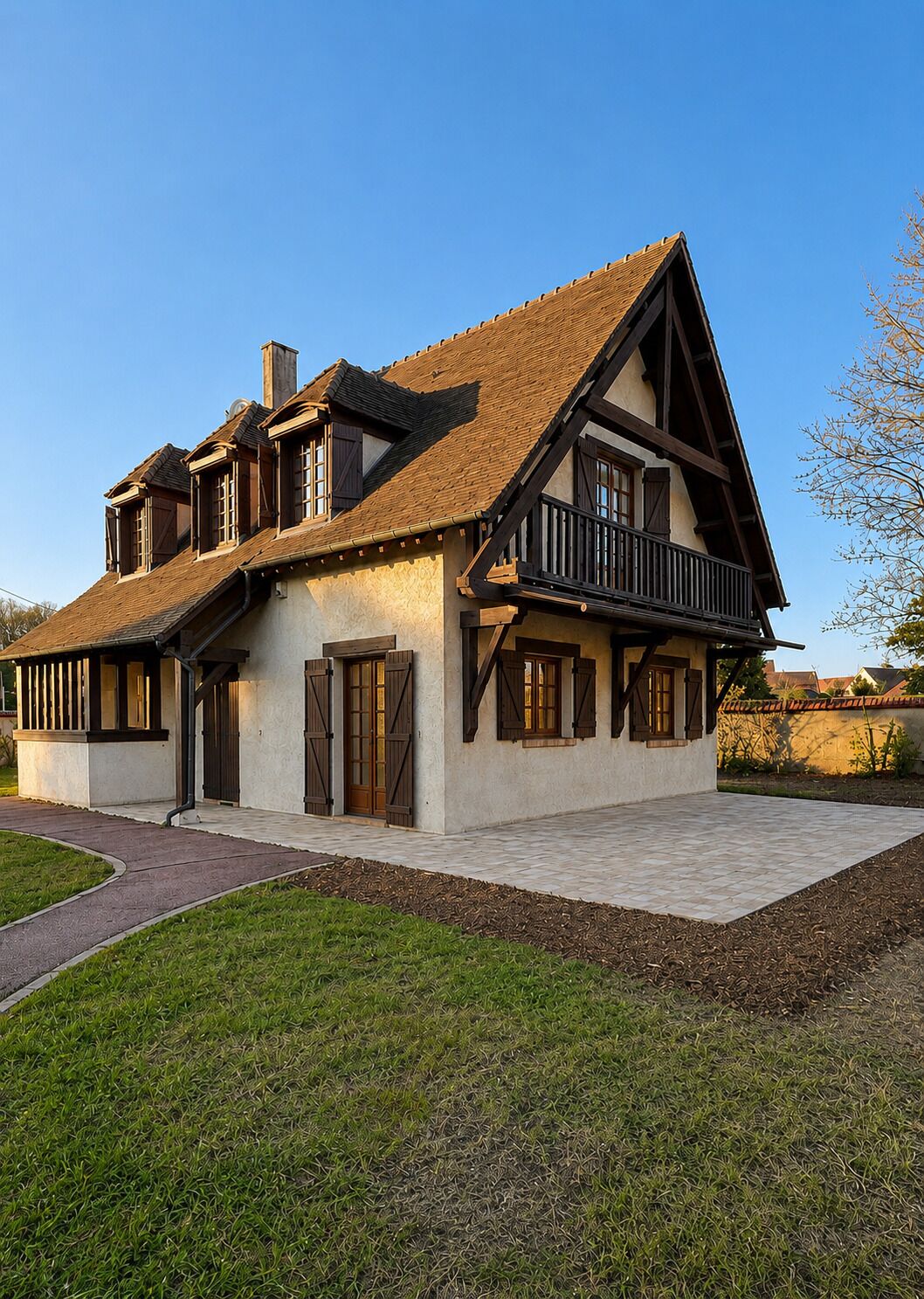 Een woonhuis met twee verdiepingen, een schuin dak, een houten balkon en een grote voordeur.